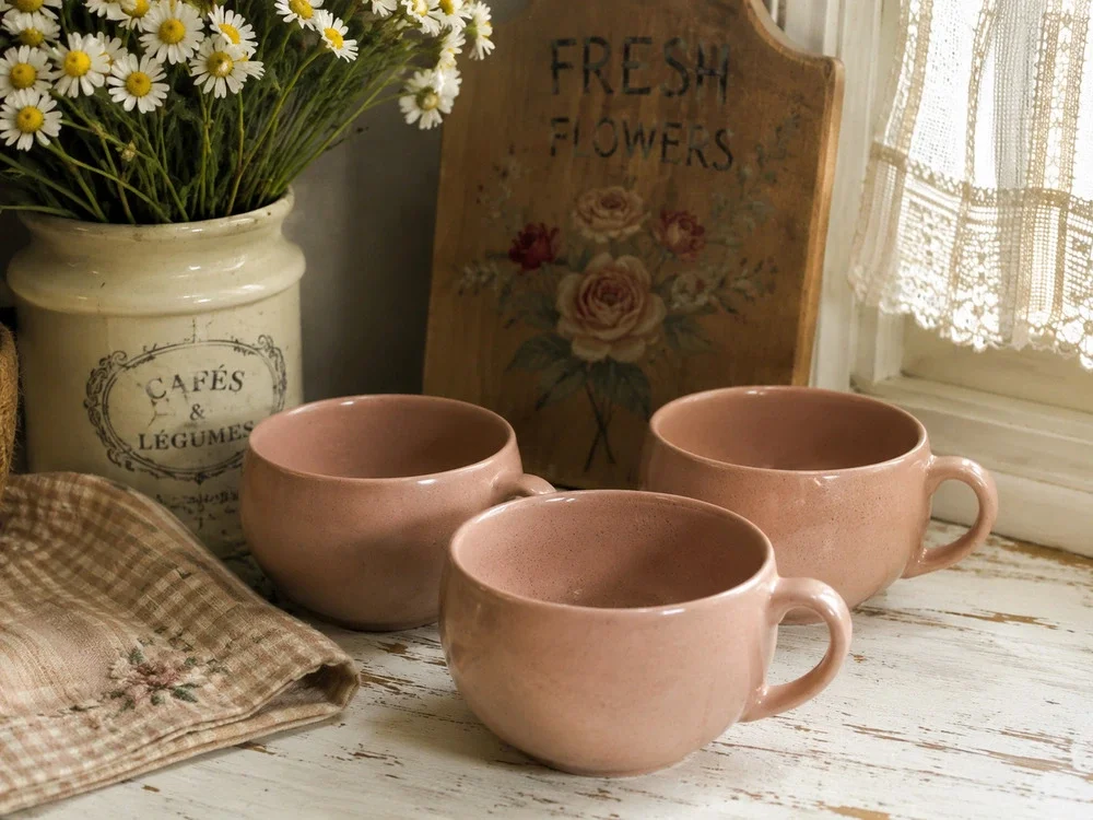 Vintage Miramar California Pottery Cups Set of 3 Speckled Peach Pink Mugs USA